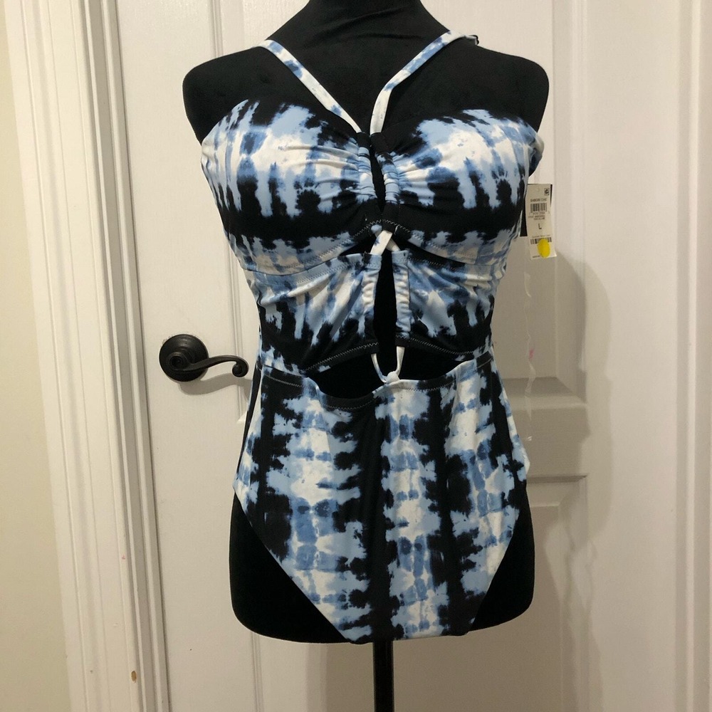 Bar III Shibori Chic One‎ Piece Swimsuit Blue Black Tie Dye Cutout MBSC23602 L - Picture 2 of 9